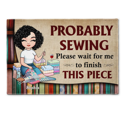 Personalized sewing doormat with custom cartoon character and text for a sewing room entryway mat