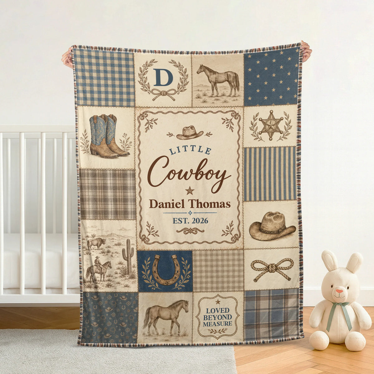 Little Cowboy Personalized Baby Blanket with Name – Custom Western Quilted Throw