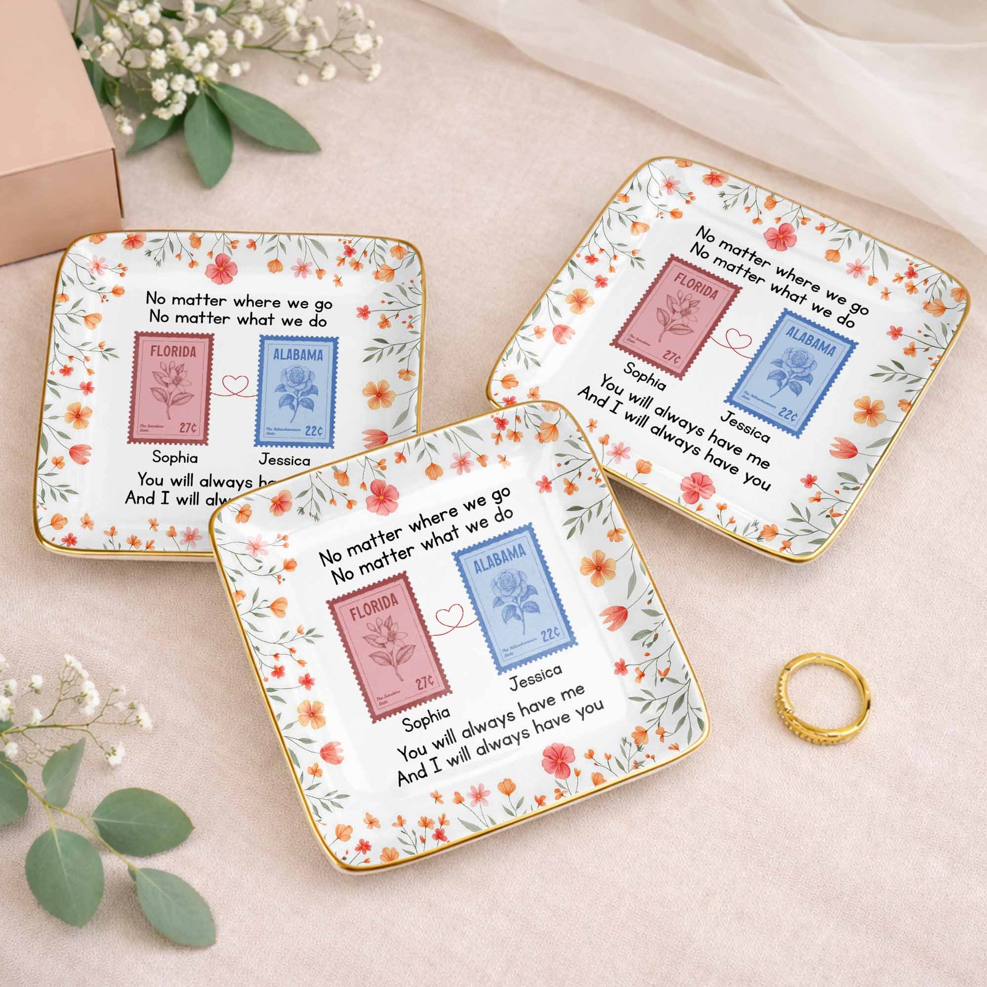 Personalized long distance friendship jewelry dish with floral state stamps for best friends image 6