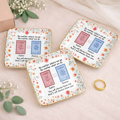 Personalized long distance friendship jewelry dish with floral state stamps for best friends image 6