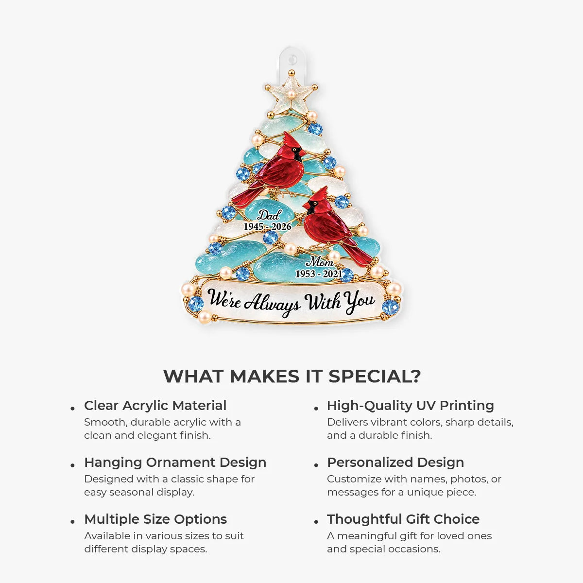 "We're Always With You" Custom Memorial Acrylic Ornament - Personalized Cardinal Remembrance Keepsake Gift
