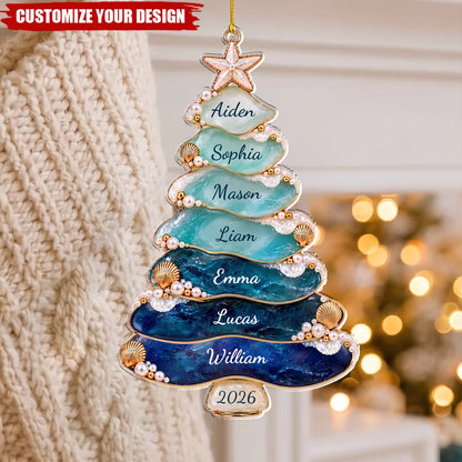 Personalized Sea Glass Christmas Tree Ornament 2026 - Custom Beach Resin Keepsake Gift for Family