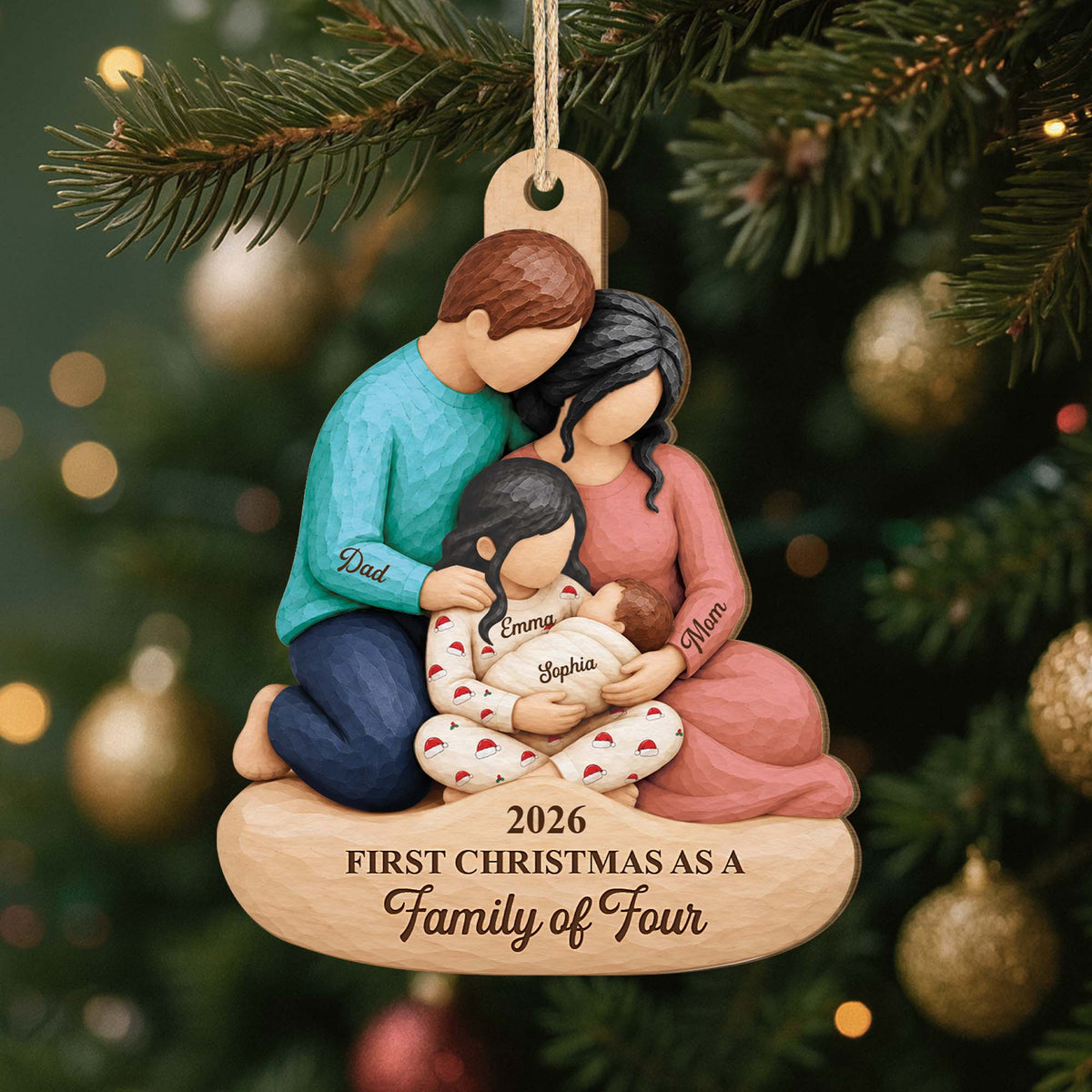 First Christmas as a Family of Four Personalized Wooden Ornament - Custom Holiday Keepsake