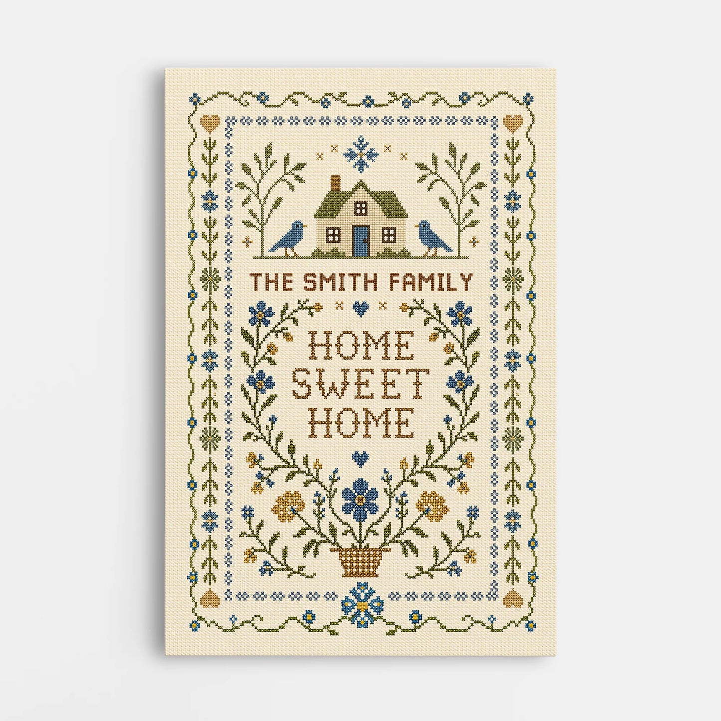 Personalized family name sign canvas in vintage cross stitch design - custom housewarming gift for new home wall art