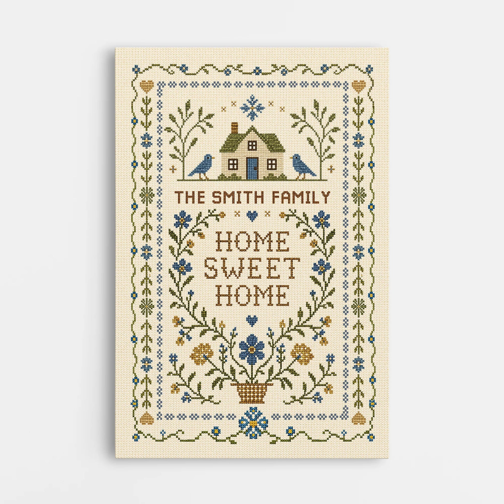 Personalized family name sign canvas in vintage cross stitch design - custom housewarming gift for new home wall art