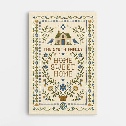 Personalized family name sign canvas in vintage cross stitch design - custom housewarming gift for new home wall art