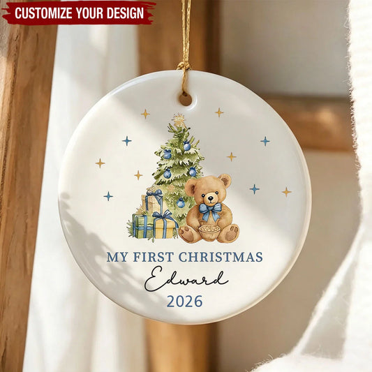 My First Christmas Personalized Bear Ceramic Ornament - Custom Baby Holiday Keepsake