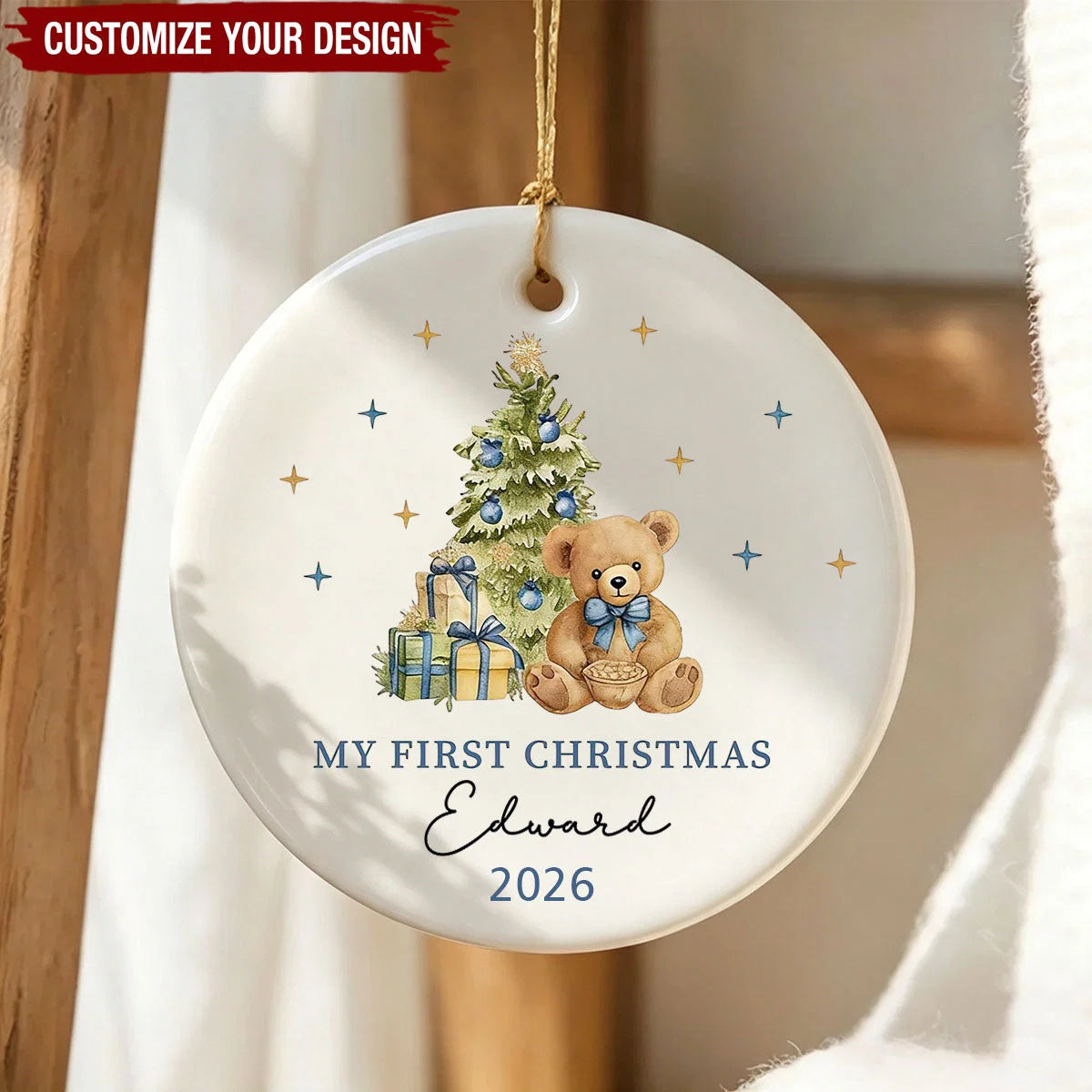 My First Christmas Personalized Bear Ceramic Ornament - Custom Baby Holiday Keepsake