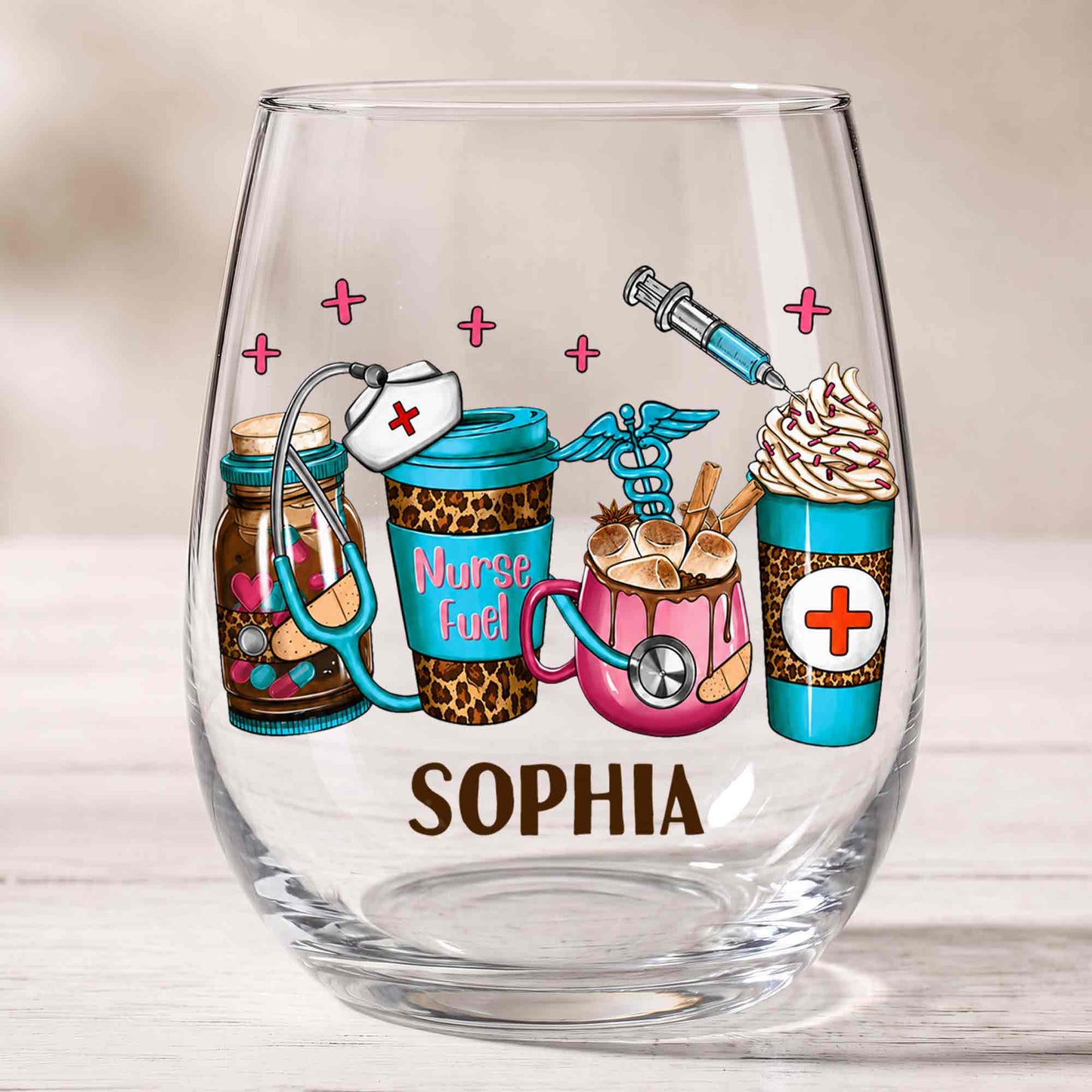 Personalized nurse stemless wine glass with Nurse Fuel leopard coffee cups and medical icons design image 6