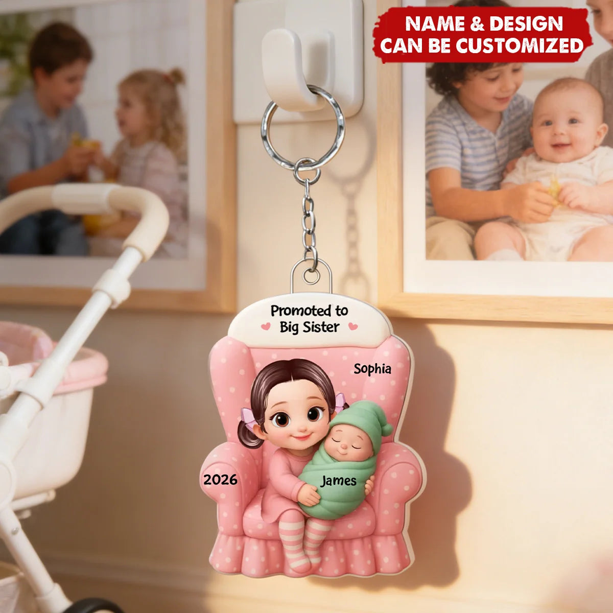 Promoted to Big Sister Personalized Acrylic Keychain - Custom Kids New Baby Announcement Keepsake