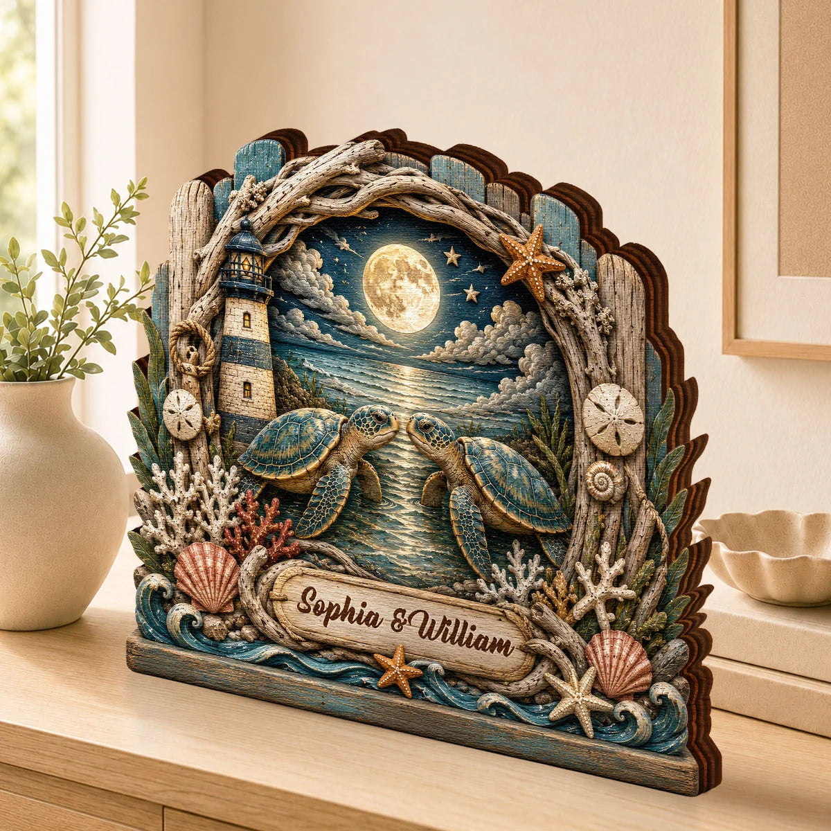 Turtley In Love Personalized Sea Turtle Wooden Block - Custom Gift for Couples Anniversary