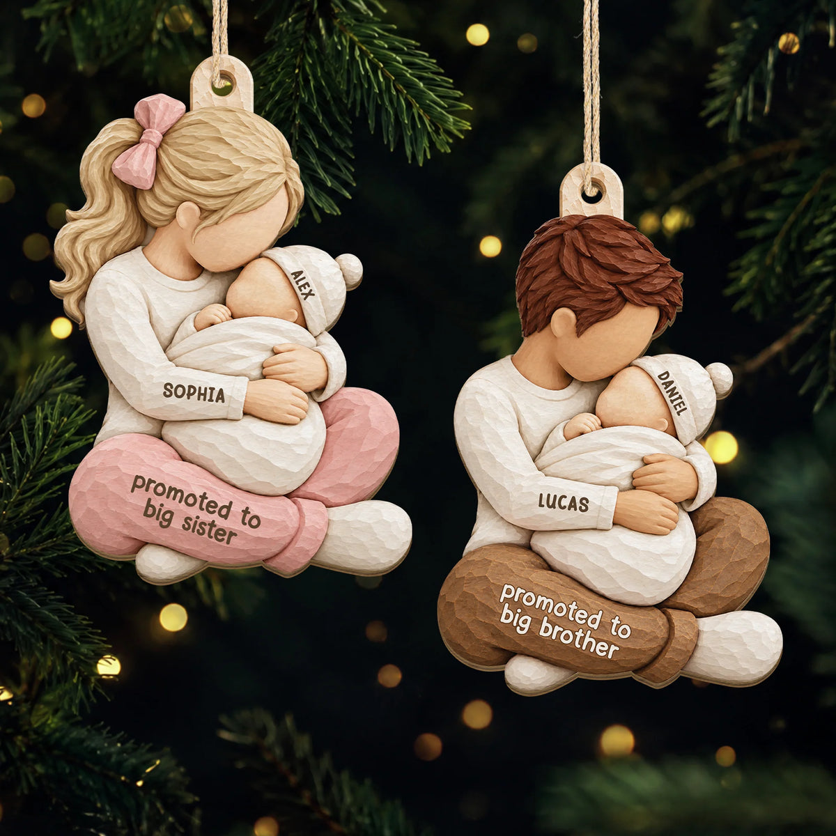 Promoted To Big Sister Personalized Wooden Ornament - New Baby Christmas Keepsake for Siblings