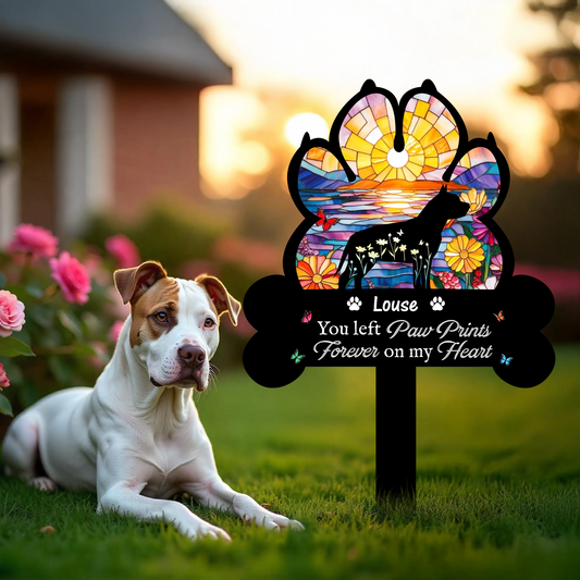 Paw Prints Forever on Our Hearts - Personalized Garden Stake Pet Memorial Gift
