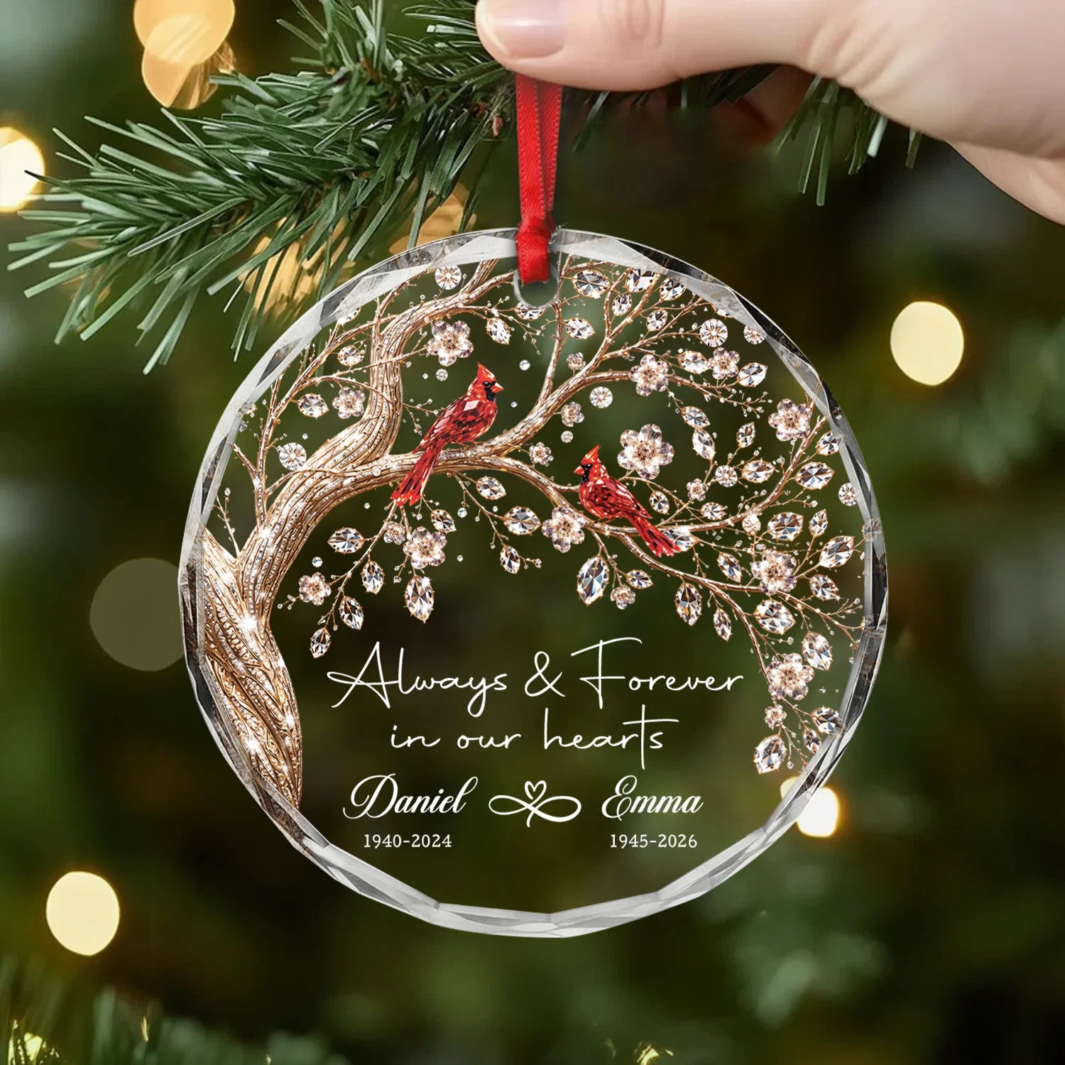 "Always & Forever In Our Hearts" Personalized Glass Ornament - Custom Memorial Gift for Family
