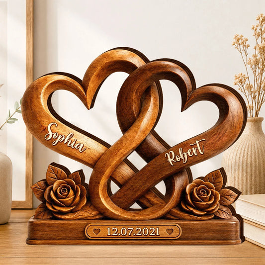 Forever Entwined Hearts Personalized Wooden Block - Custom Couples Romantic Anniversary Gift