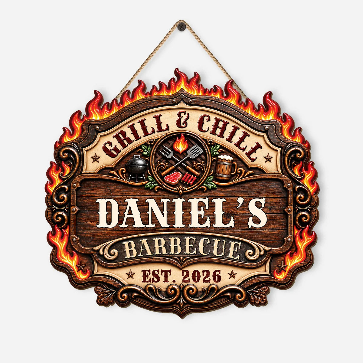 Grill and Chill Personalized Wood Sign - Custom BBQ Patio Decor Gift for Him