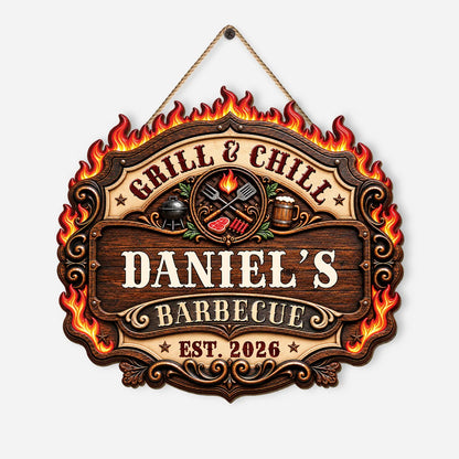 Grill and Chill Personalized Wood Sign - Custom BBQ Patio Decor Gift for Him