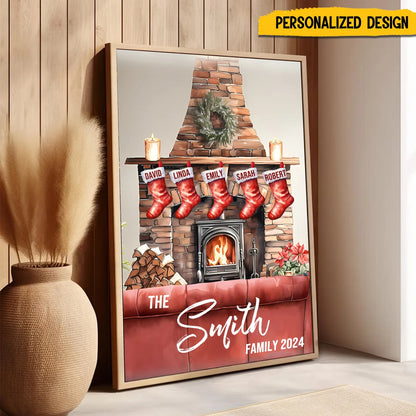 Personalized Family Christmas Canvas / Poster - Custom Fireplace Stockings Wall Art for Holiday Home Decor