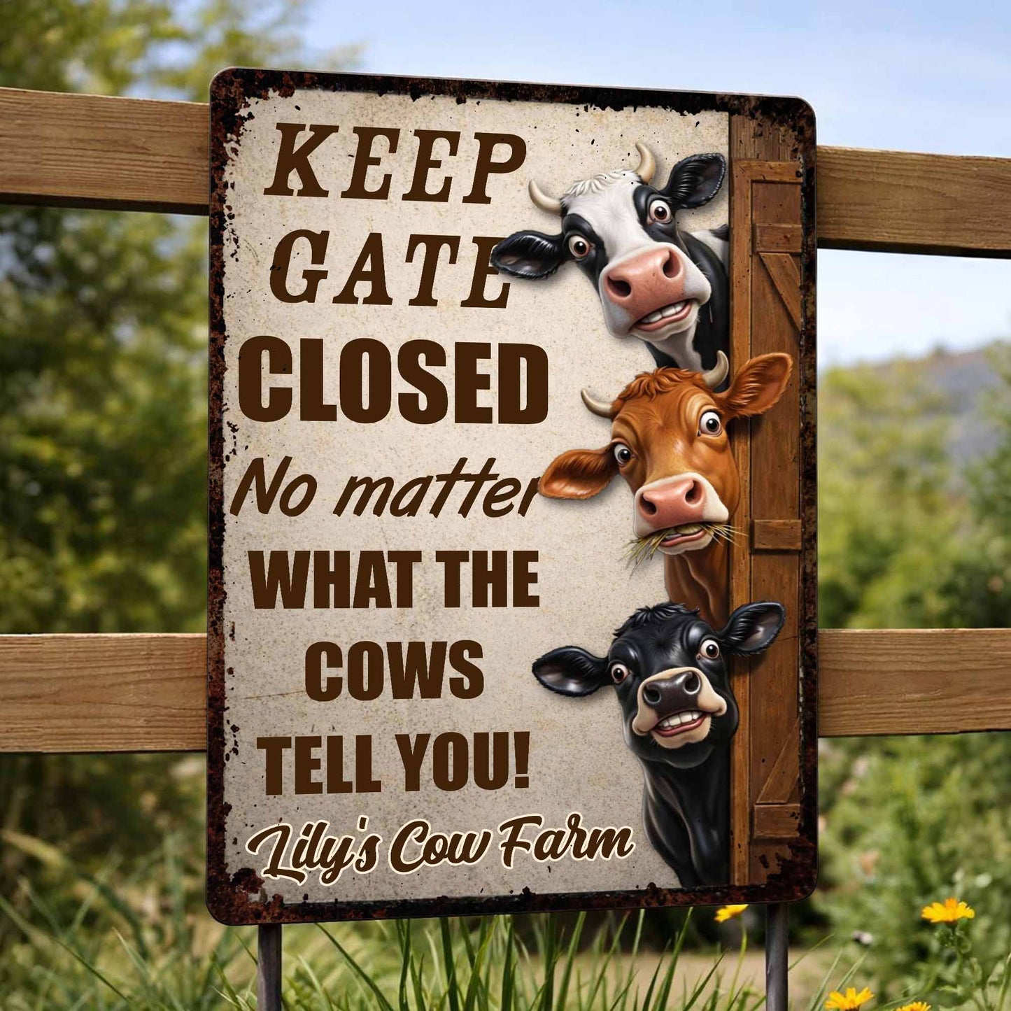 Personalized farm sign with funny cows and Keep Gate Closed text - custom metal decor for barn or yard image 8