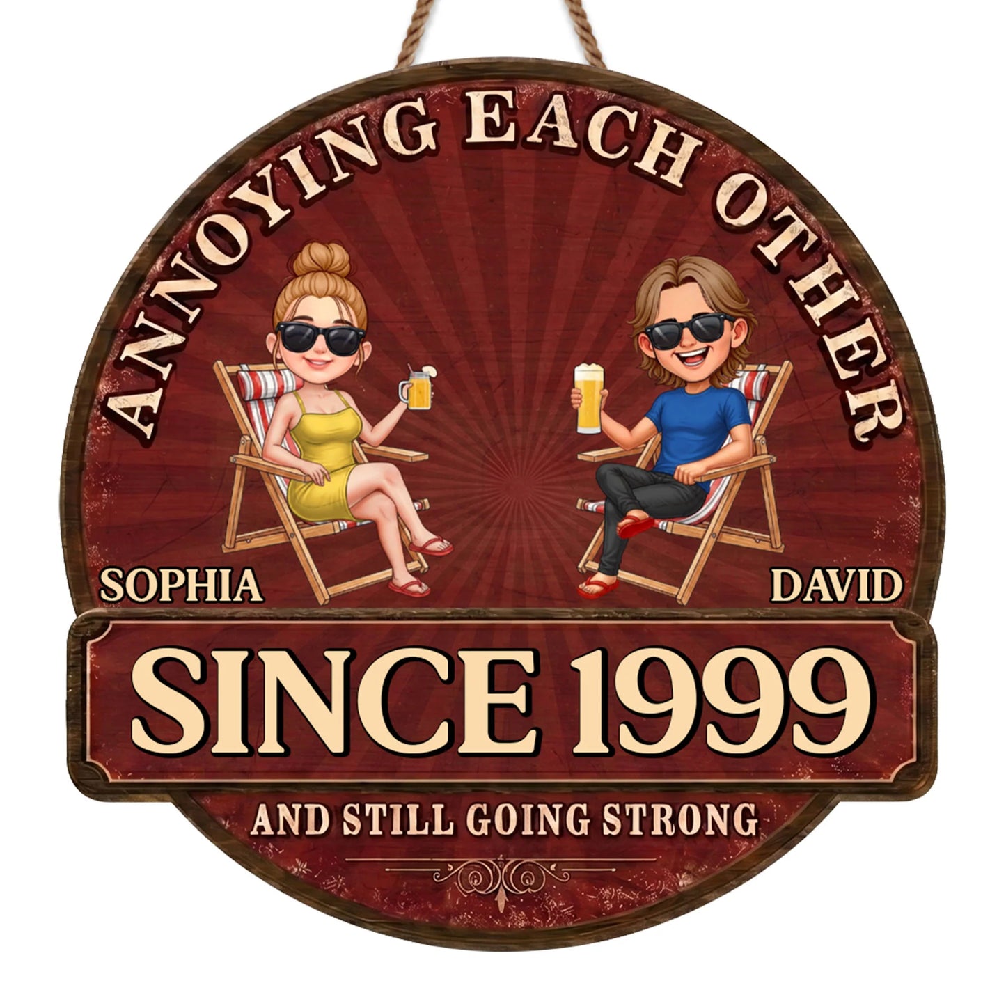 Personalized couple wood sign featuring a custom cartoon illustration on beach chairs with rustic details image 7