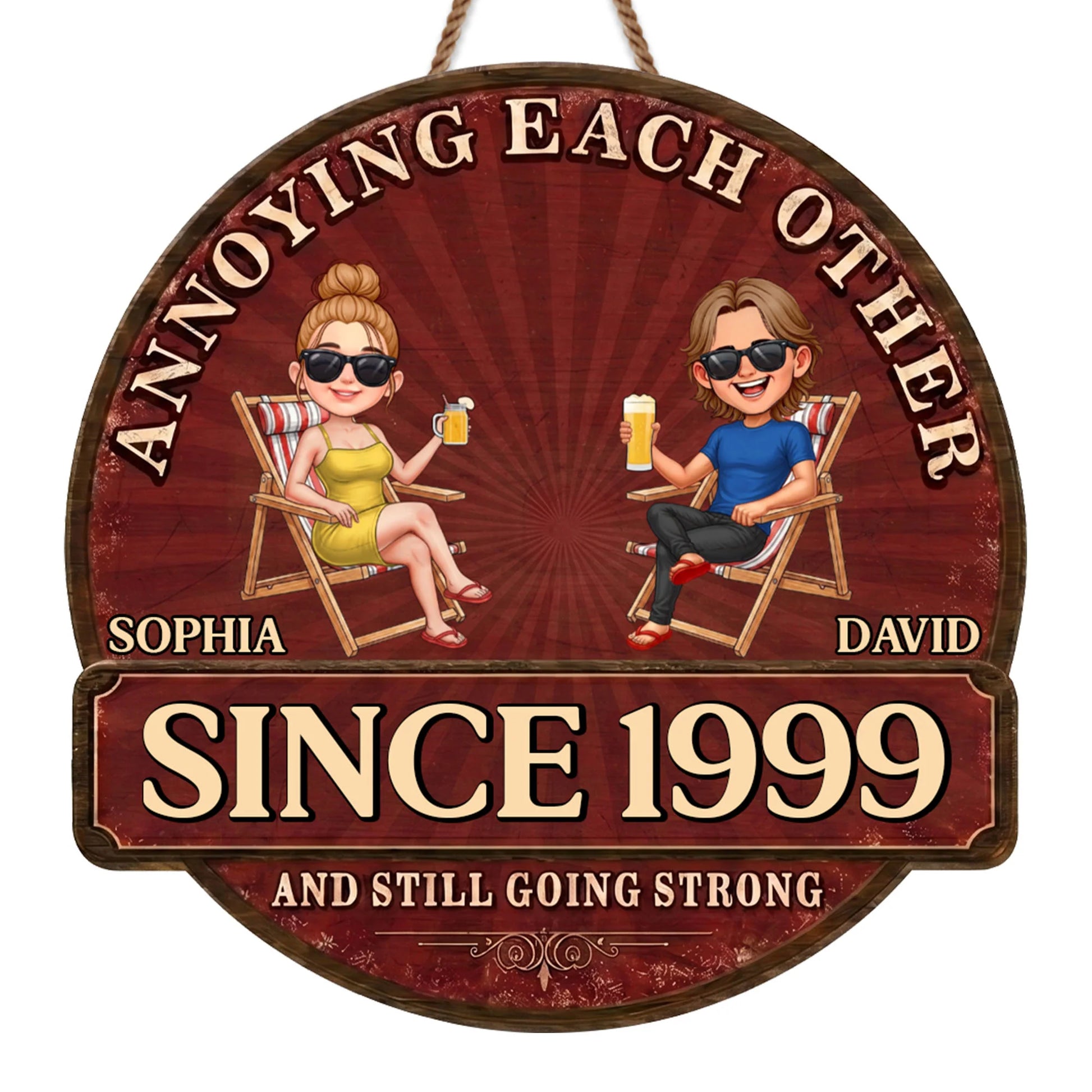 Personalized couple wood sign featuring a custom cartoon illustration on beach chairs with rustic details image 7