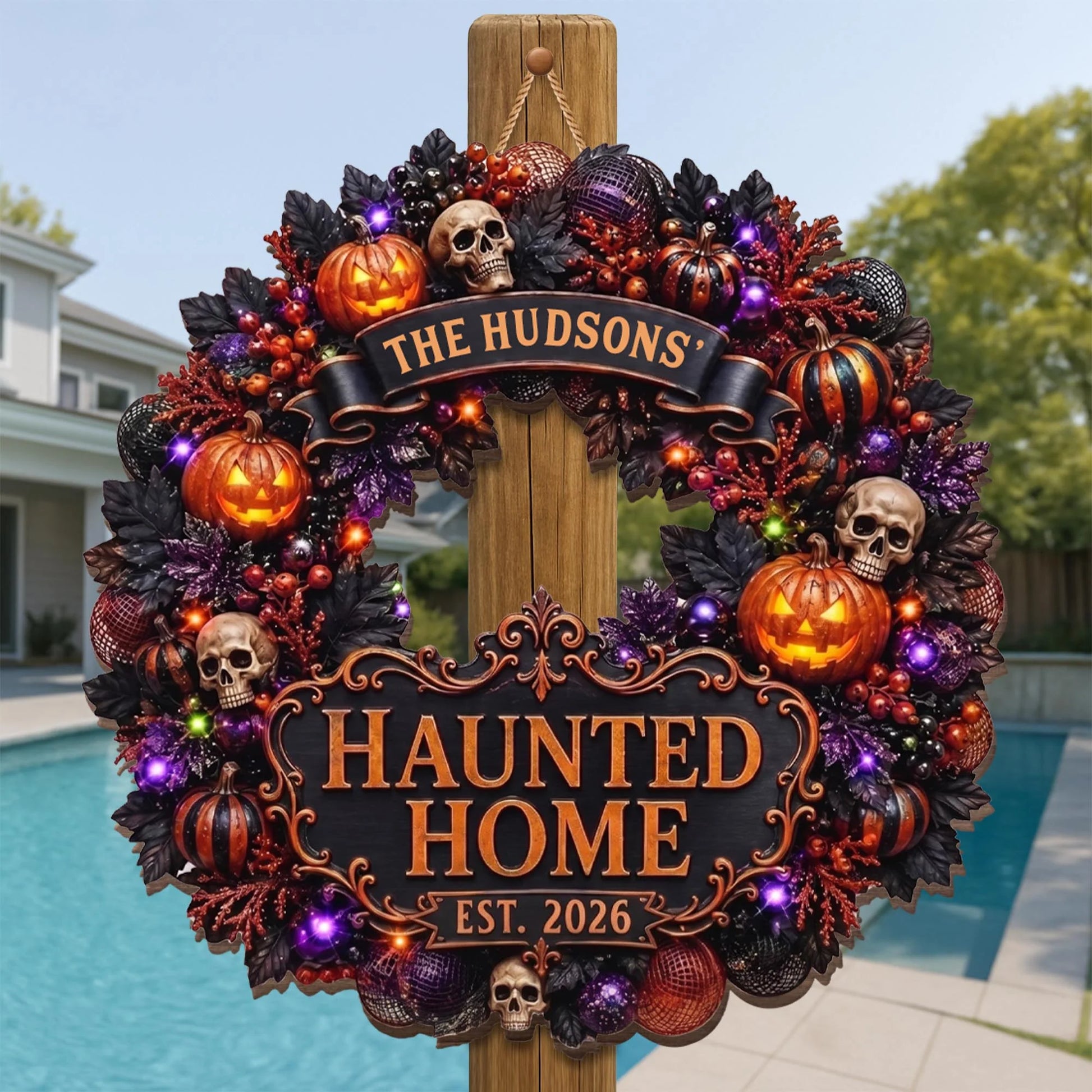Haunted Home Personalized Halloween Wood Sign - Custom Wreath Decor for Family Front Porch