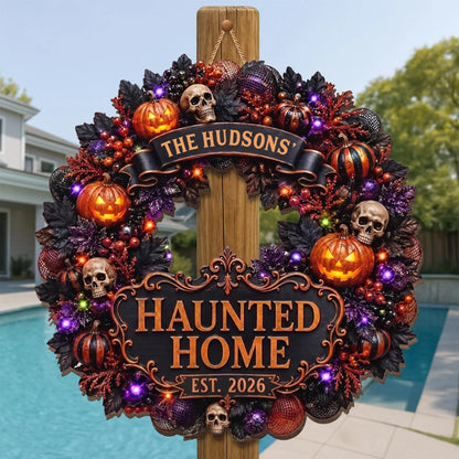Haunted Home Personalized Halloween Wood Sign - Custom Wreath Decor for Family Front Porch