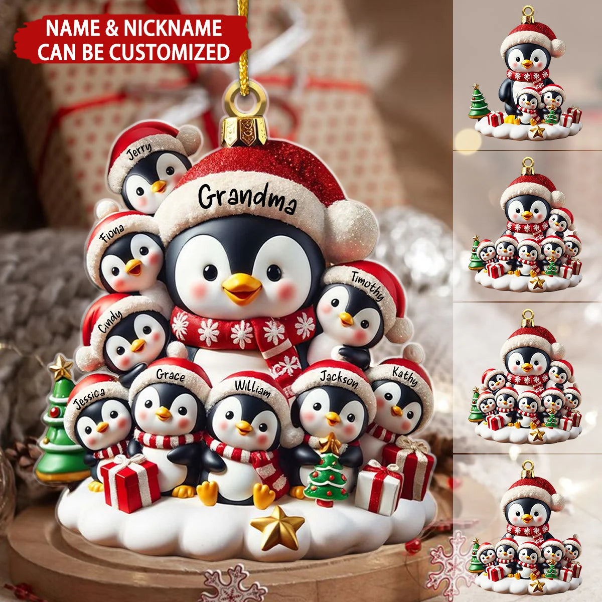 Personalized Grandma Penguin Family Christmas Ornament - Custom Grandkids Names Gift