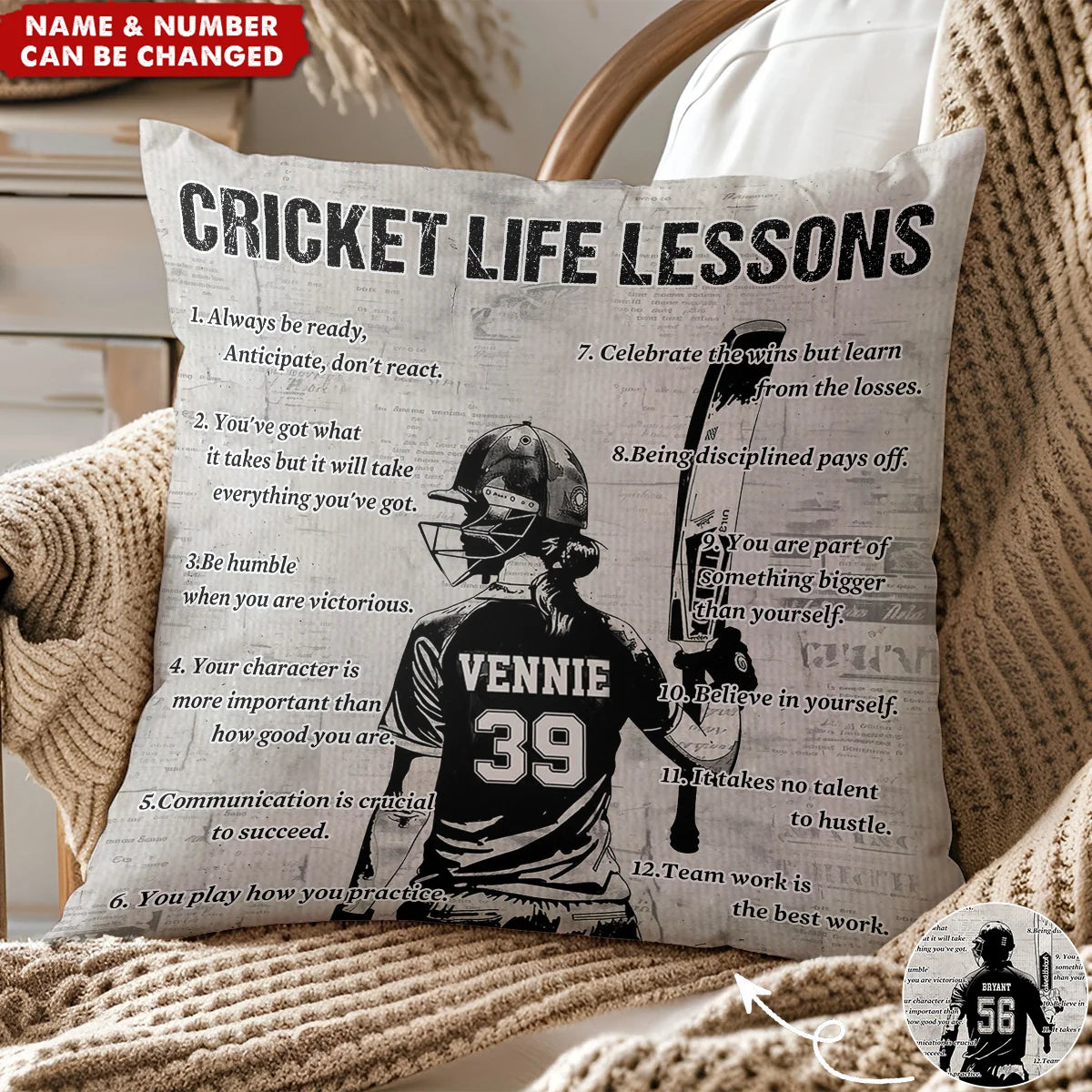Cricket Life Lessons Personalized Pillow - Custom Name & Number Gift for Cricket Lovers