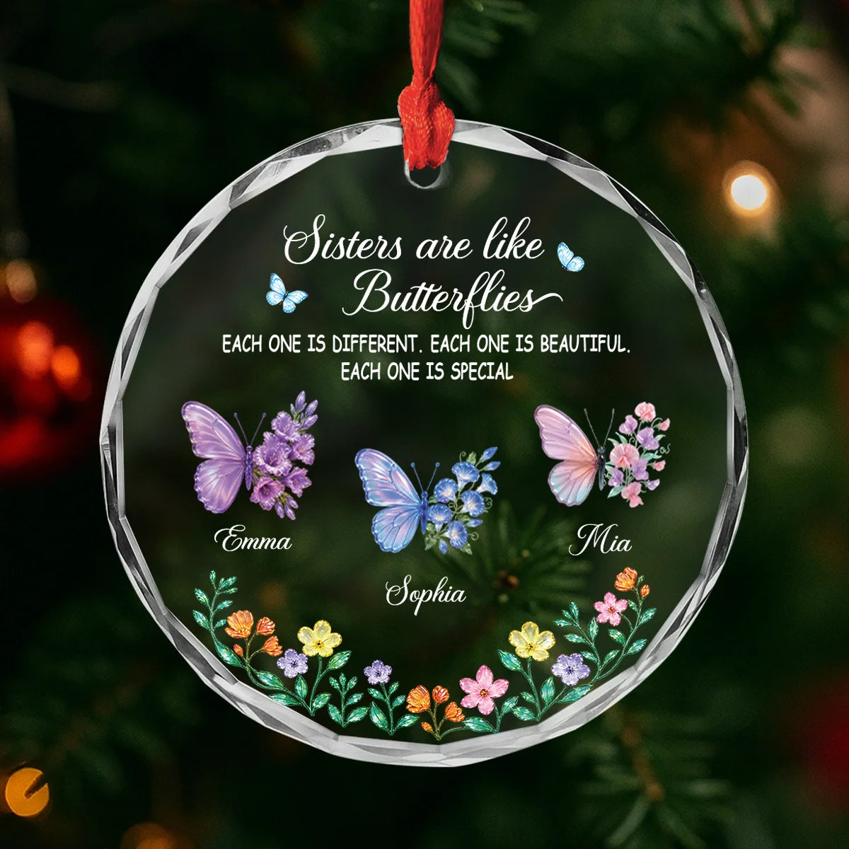 Sisters Are Like Butterflies Personalized Glass Ornament - Custom Keepsake Gift for Sister