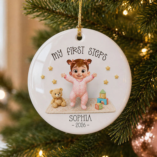 My First Steps Personalized Ceramic Ornament - Custom Baby Learned to Walk Christmas Keepsake