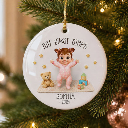 My First Steps Personalized Ceramic Ornament - Custom Baby Learned to Walk Christmas Keepsake