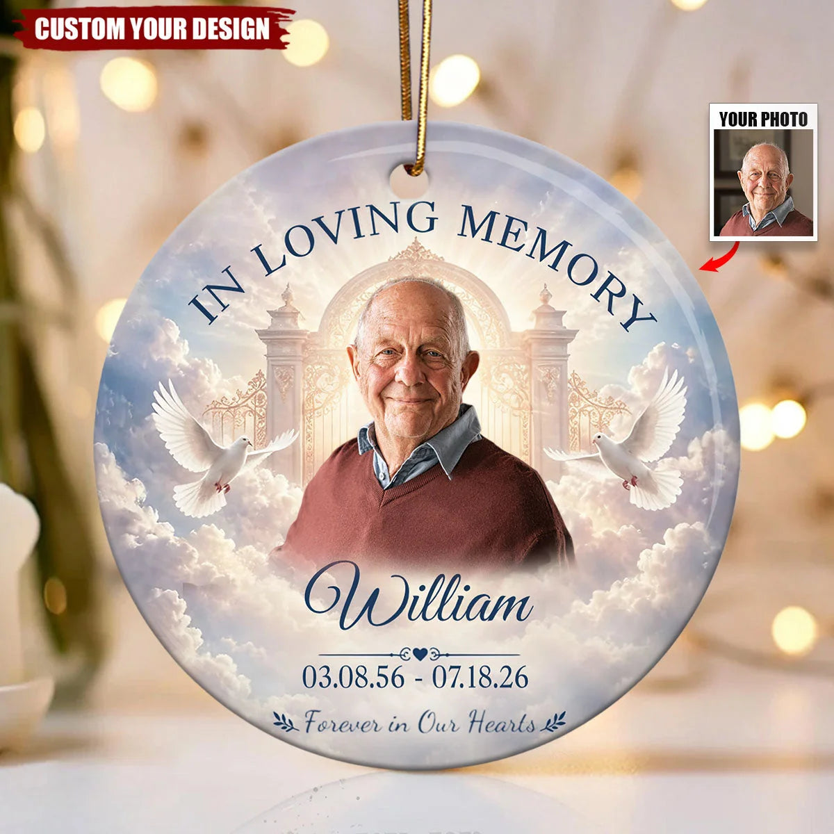Personalized memorial photo ornament featuring ceramic round shape with doves and heavenly sky background