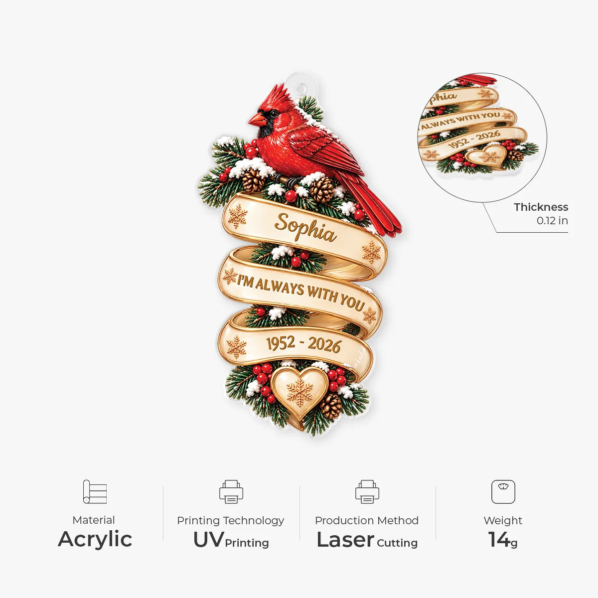 "Always With You" Personalized Cardinal Memorial Acrylic Ornament - Sympathy Christmas Keepsake for Family