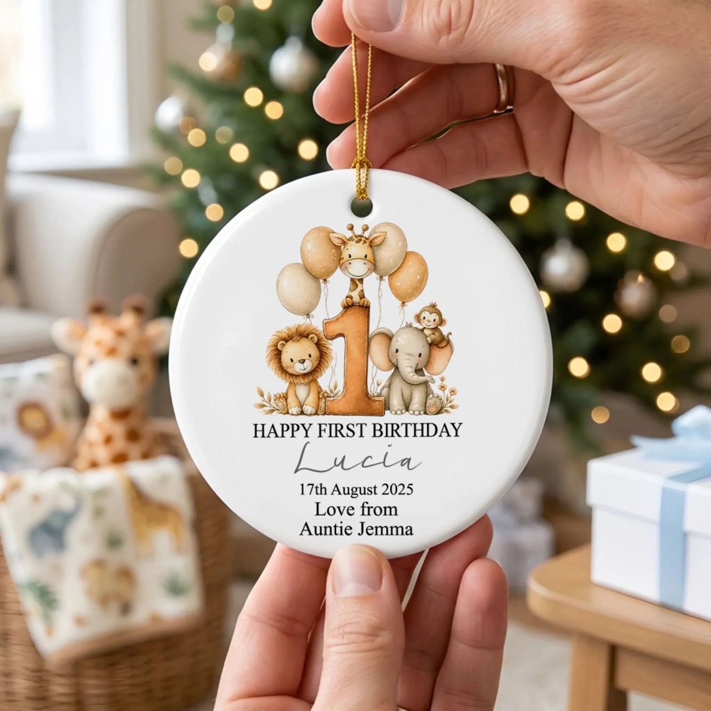 Happy First Birthday Safari Animals Ceramic Ornament - Custom Baby Keepsake Gift