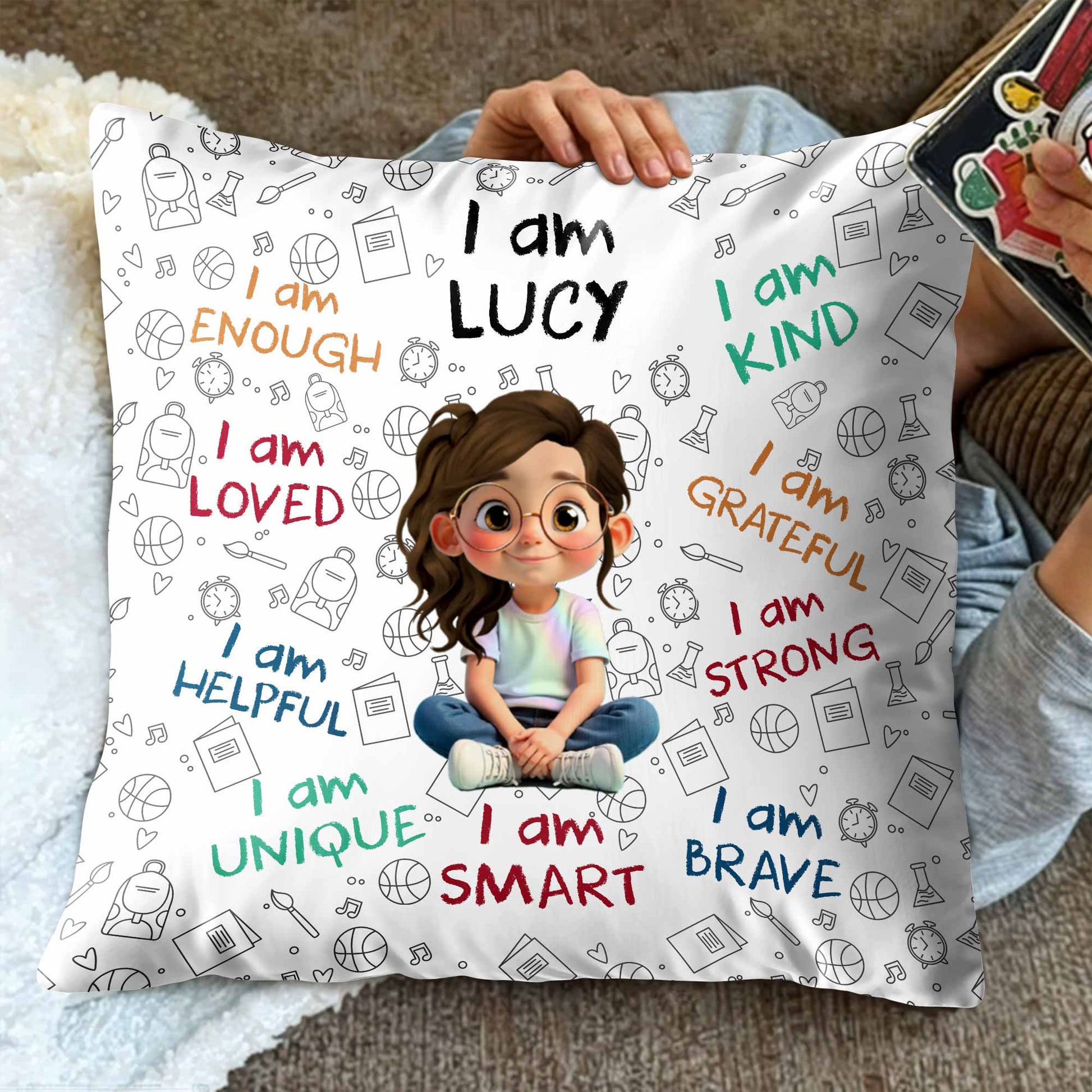 I Am Enough Loved Brave Custom Kids Affirmation Pillow - Personalized Gift for Girls