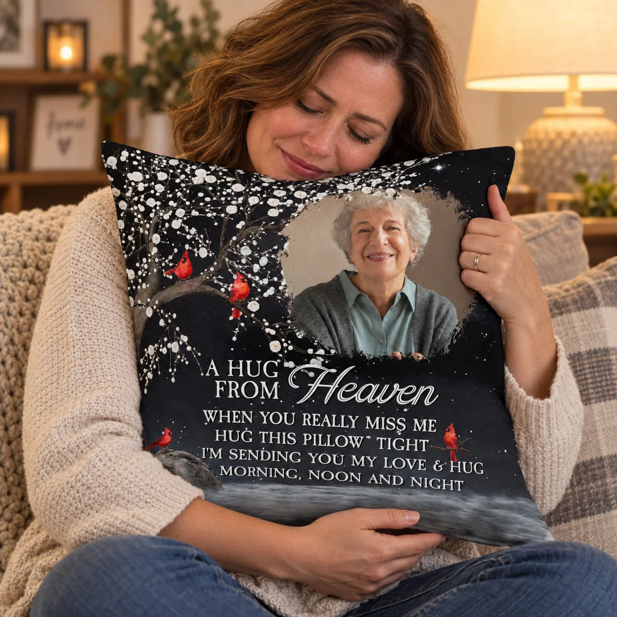 Woman hugging a custom A Hug From Heaven memorial photo pillow on a sofa