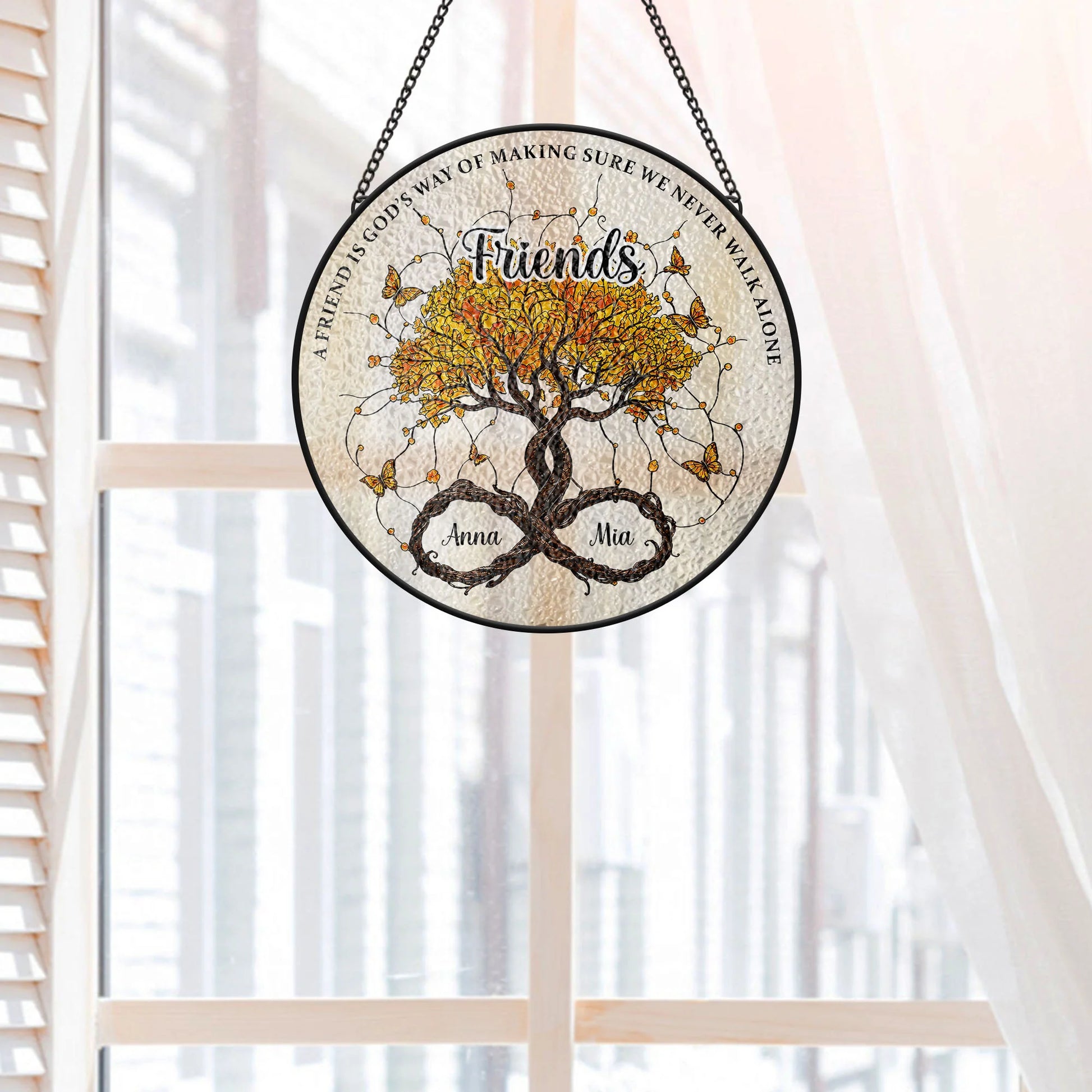 Never Walk Alone Personalized Sister Glass Suncatcher - Custom Tree of Life Window Hanging Keepsake Gift for Best Friends