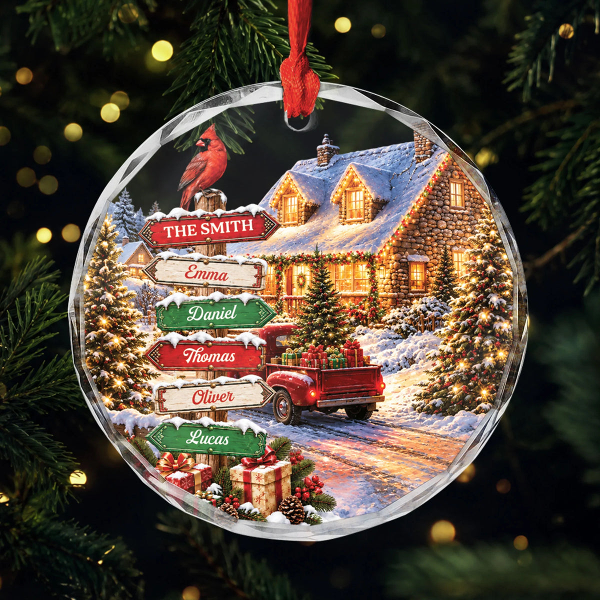 Custom Family Names Christmas Signpost Glass Ornament - Personalized Holiday Keepsake Gift