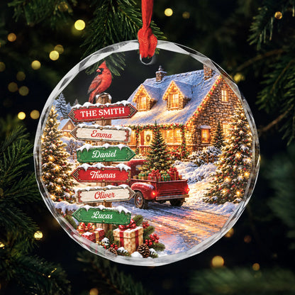 Custom Family Names Christmas Signpost Glass Ornament - Personalized Holiday Keepsake Gift
