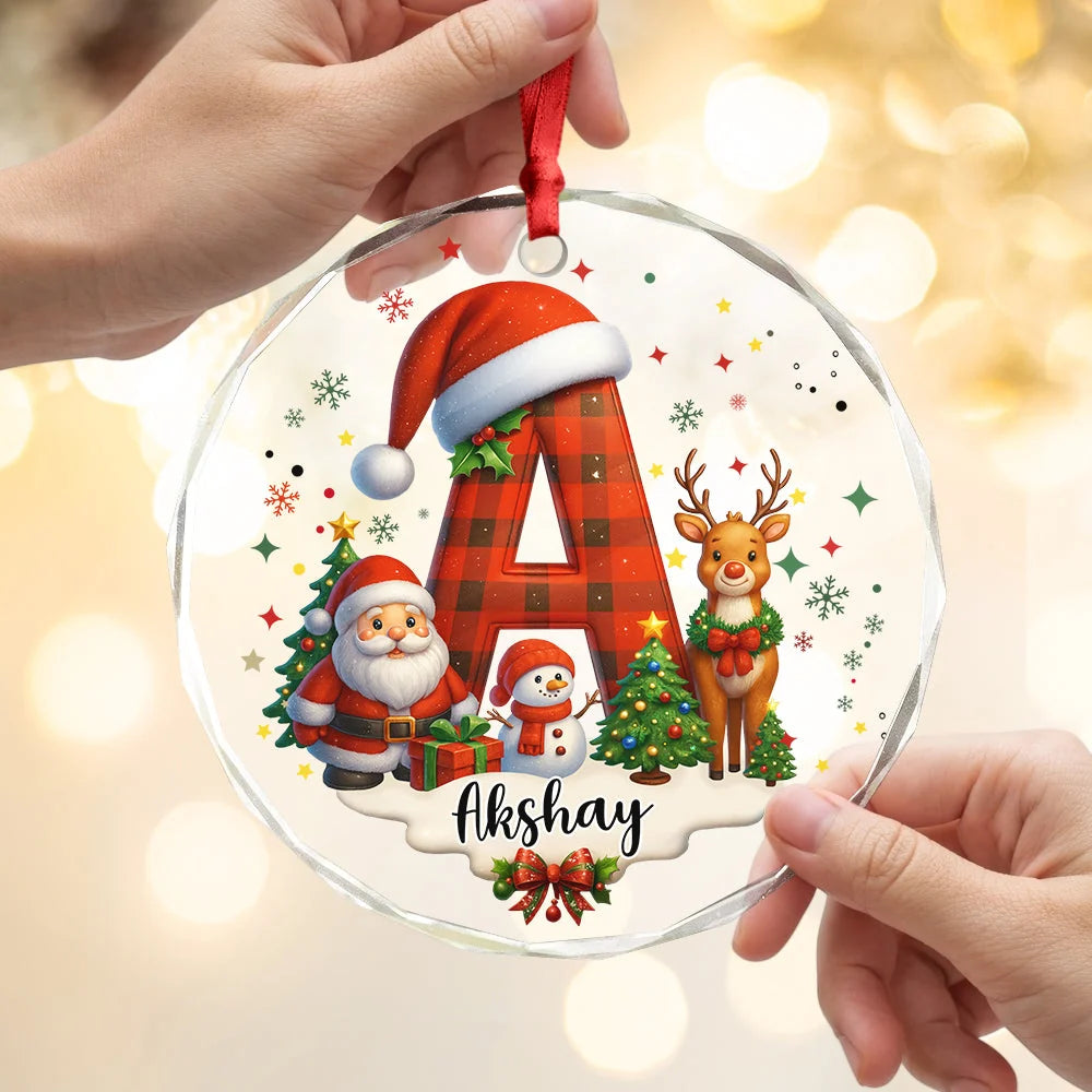 Personalized Christmas Glass Ornament with Buffalo Plaid Letter & Name - Custom Holiday Gift for Kids & Family