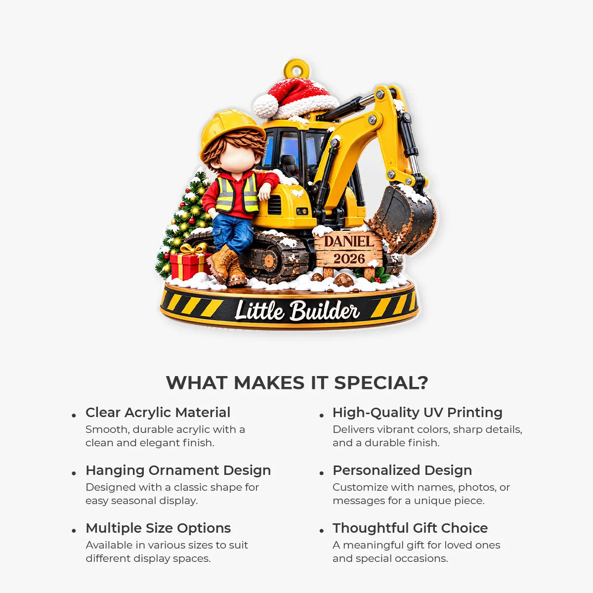 Little Builder Personalized Excavator Acrylic Ornament - Custom Christmas Keepsake Gift for Kids