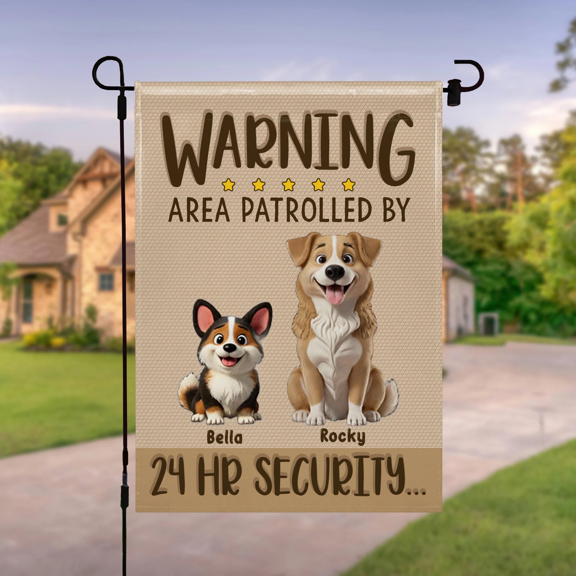 Personalized dog garden flag with Warning Area Patrolled By 24 HR Security text for pet lovers outdoor yard decor image 8