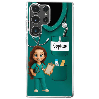 Personalized nurse phone case with custom medical uniform, stethoscope design, and custom name printed on clear background image 10
