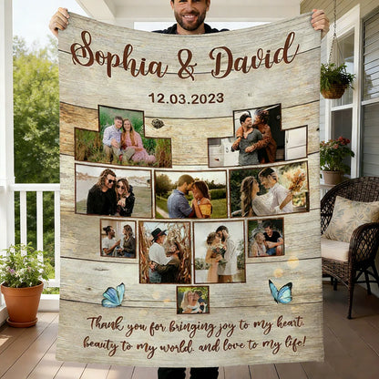 "Thank You for Bringing Joy to My Heart" Custom Photo Blanket - Personalized Anniversary Keepsake for Couples