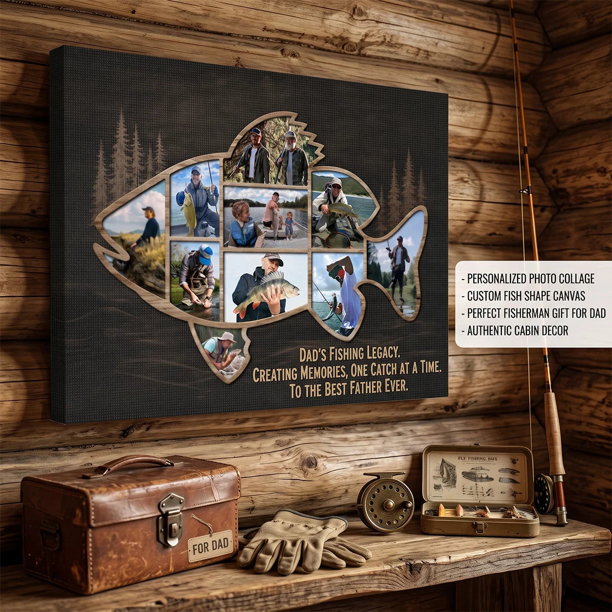 "Dad's Fishing Legacy" Personalized Fish Shape Photo Canvas / Poster - Custom Keepsake Gift for Cabin Decor