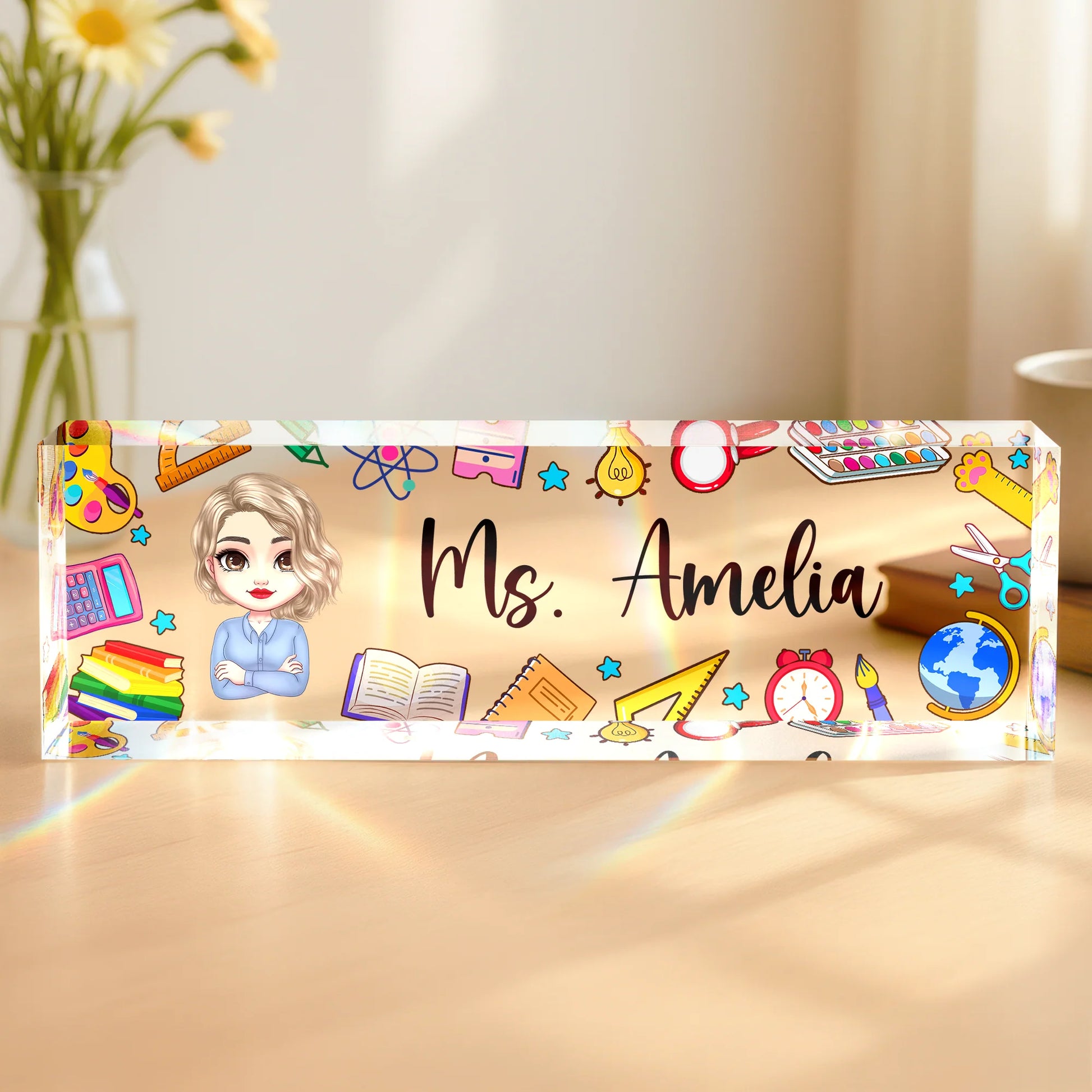 Personalized teacher desk name plate featuring a custom chibi cartoon avatar and classroom doodles