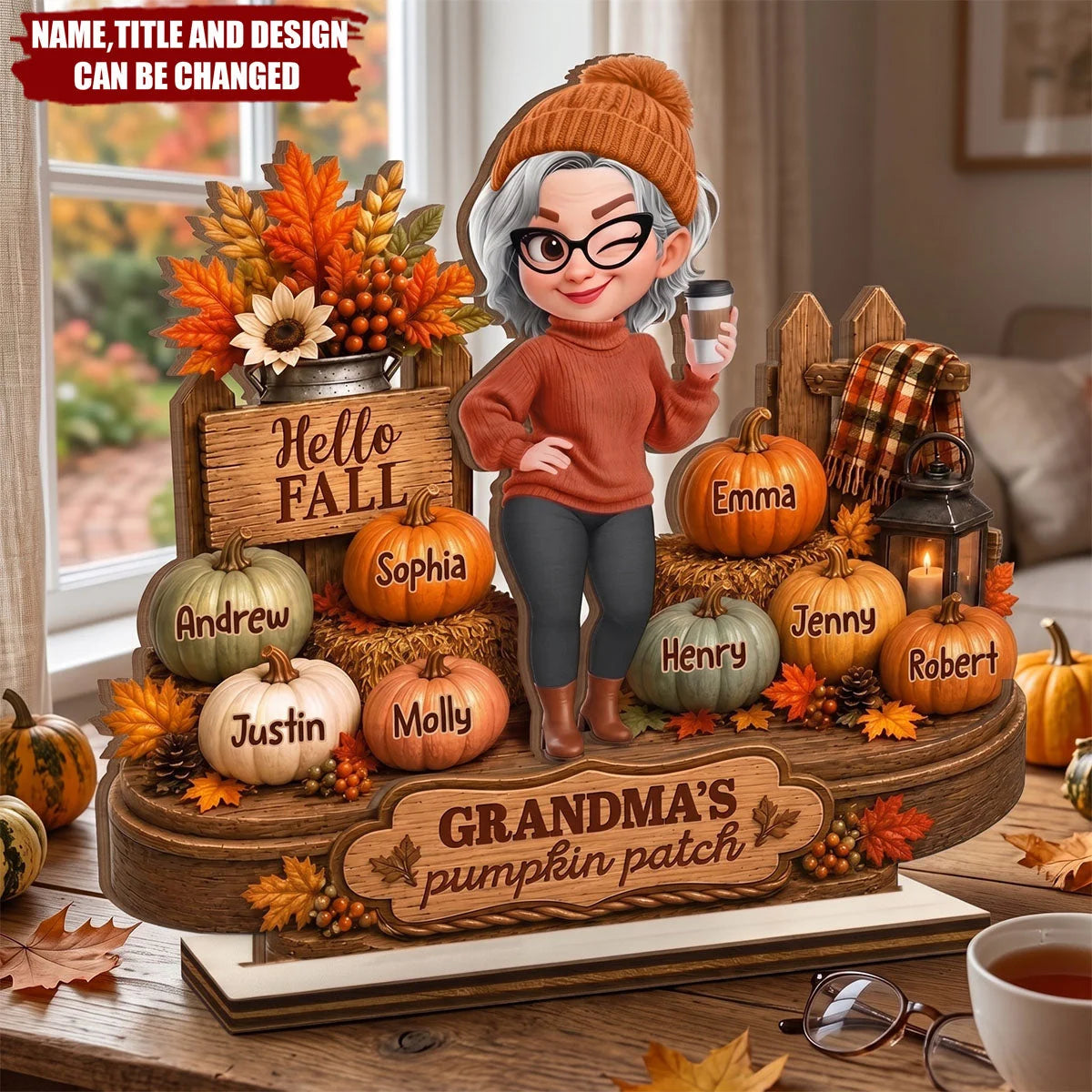"Grandma's Pumpkin Patch" Personalized 2-Layer Wooden Plaque - Custom Fall Decor Gift for Mom & Grandma
