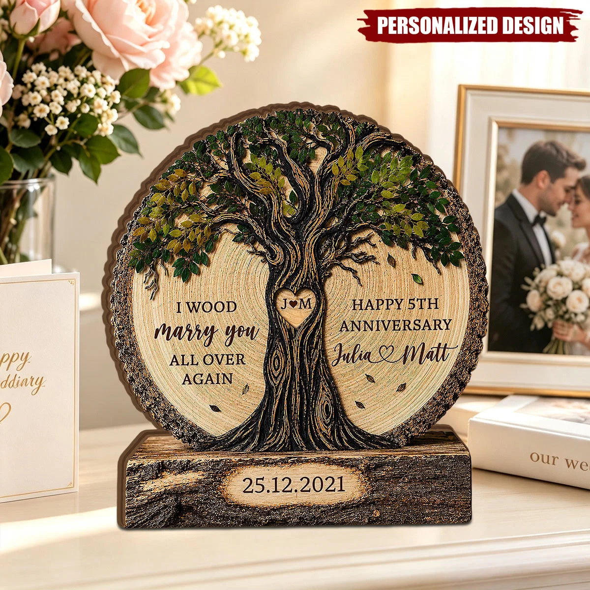 I Wood Marry You All Over Again Personalized Wooden Block - Custom Anniversary Gift for Couples