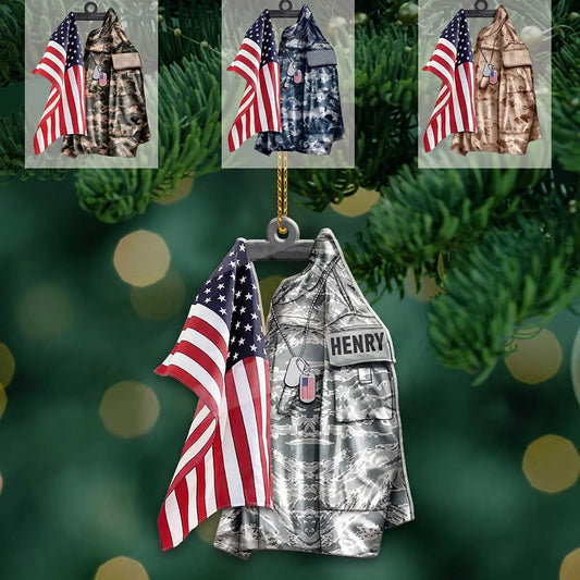 Personalized Military Uniform American Flag Acrylic Ornament - Custom Veteran Name Tag Keepsake